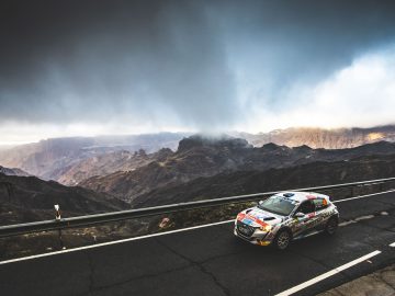 Een Peugeot 208 Rally 4 racet over een bergweg onder dramatische stormachtige luchten.