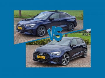 Een afbeelding die een vergelijking toont tussen twee Audi A3-auto's met 'vs' vetgedrukt ertussen, tegen een achtergrond van een grasveld en een verhard gebied.