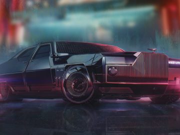 Een futuristische zwarte auto met een agressief ontwerp, grote wielen en scherpe hoeken, wordt verlicht onder neonlichten op een nat oppervlak in een Cyberpunk 2077-setting.