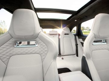 Binnenaanzicht van de Jaguar F-Pace SVR met witleren stoelen, voorzien van ingewikkelde stiksels en het merklogo in reliëf op de hoofdsteunen. Het zonlicht stroomt door de achterruit.