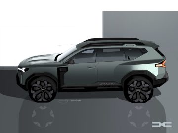 Conceptontwerp van de Dacia Bigster Concept SUV met een robuust frame, grijs kleurenschema en futuristische stijlelementen.