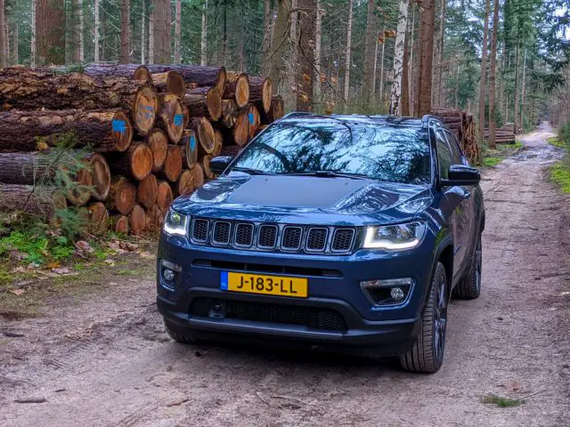 Een Jeep Compass staat geparkeerd op een onverharde weg naast een stapel gekapt bomen in een bos.