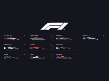 Illustratie met de kleuren van het Formule 1-team voor Alfa Romeo, Aston Martin, McLaren, Williams, AlphaTauri, Ferrari, Mercedes, Alpine, Haas en Red Bull met het F1-logo erboven. Dit weerspiegelt de levendige geest van het Formule 1 2021-seizoen.