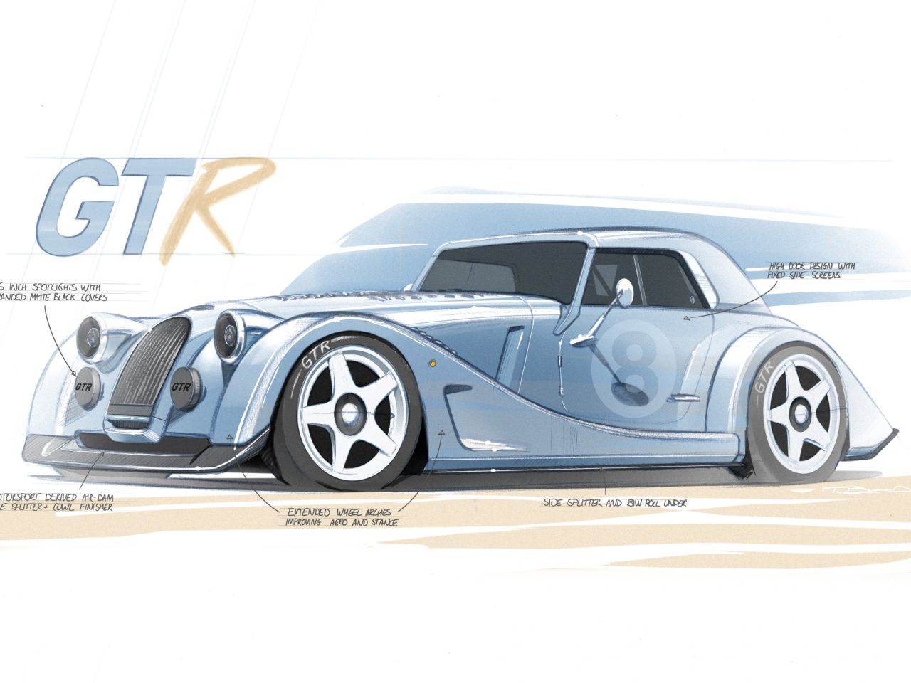 Een gedetailleerde schets van een blauwe auto in vintage-stijl met het opschrift "Morgan Plus 8 GTR." De auto is voorzien van grote wielen, een laag profiel en gelabelde componenten die het ontwerp en de aerodynamische elementen benadrukken.