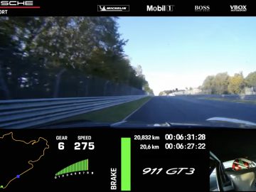 Dashboardweergave van een Porsche 911 GT3 die racet op een circuit, met de circuitkaart, snelheidsmeter op 275 km/u, versnelling op 6 en verstreken tijd. Het stuur en een deel van de armen van de bestuurder grijpen zichtbaar stevig vast terwijl hij door de bochten navigeert.