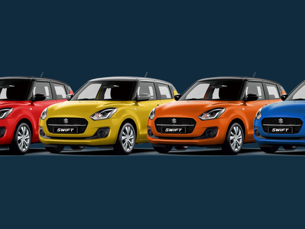 Een opstelling van vier levendige Suzuki Swift-auto's wordt weergegeven in de kleuren rood, geel, oranje en blauw, tegen een opvallende donkerblauwe achtergrond.