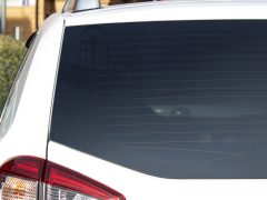 Getoond worden de achterruit en het achterlicht van een wit voertuig met geblindeerde autoruiten. De achtergrond omvat wat gebladerte en een deel van een gebouw.