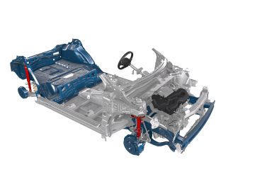 Een gedetailleerde technische illustratie van het frame, de ophanging en gedeeltelijk gemonteerde componenten van een Toyota Aygo-chassis. De structurele delen zijn blauw en grijs gemarkeerd.