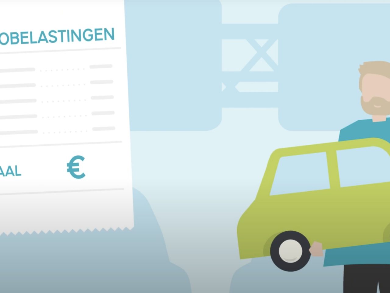 Illustratie van een man die een groene auto vasthoudt naast een groot bankbiljet met het prominente opschrift 'Autobelasting', waarbij het totaalbedrag wordt weergegeven door een euro-symbool.
