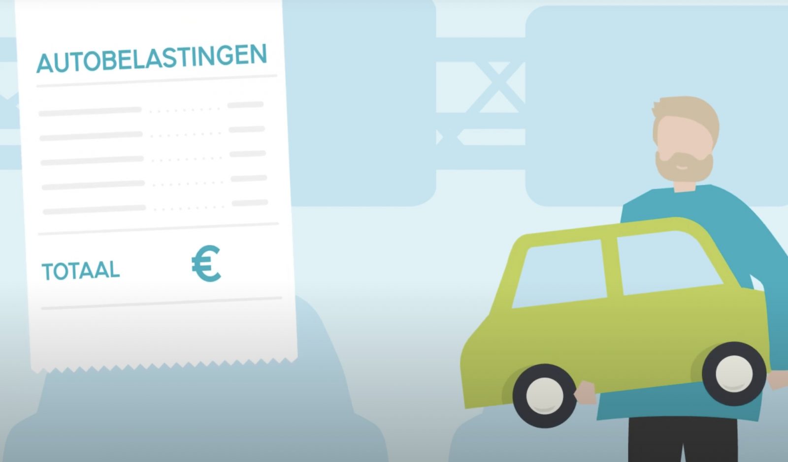 Illustratie van een man die een groene auto vasthoudt naast een groot bankbiljet met het prominente opschrift 'Autobelasting', waarbij het totaalbedrag wordt weergegeven door een euro-symbool.