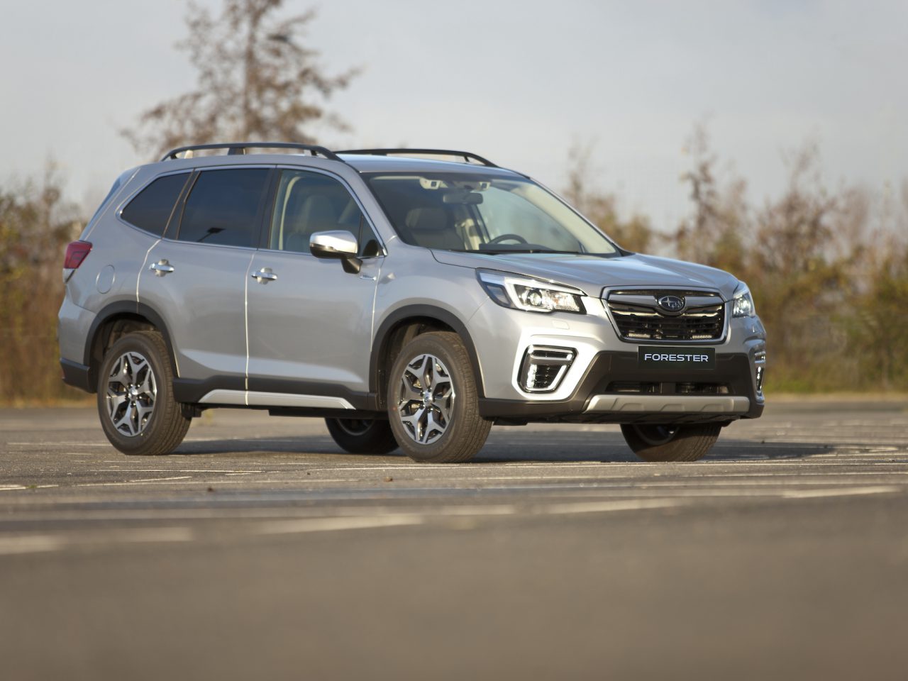Een zilverkleurige Subaru Forester SUV, die vanwege zijn ruime interieur vaak wordt aangezien voor een busje, staat geparkeerd op een leeg asfaltterrein met bomen op de achtergrond.