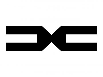 Zwart geometrisch X-achtig symbool op een witte achtergrond, bestaande uit twee gespiegelde, C-vormige vormen die in het midden met elkaar verbonden zijn, wat doet denken aan de emblematische ontwerpen van Dacia.