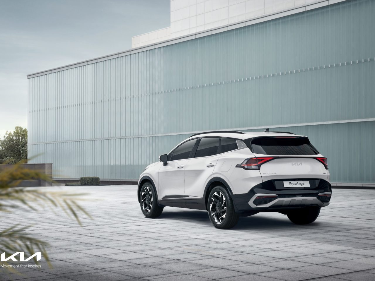 Een witte Kia Sportage SUV staat geparkeerd op een modern, ruim en leeg plein met een groot glazen gebouw op de achtergrond. Het nieuwe Kia-logo en de naam van de auto zijn zichtbaar op de achterkant en benadrukken het strakke design van de Sportage.