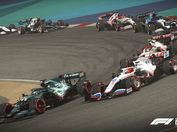 Verschillende F1 2021-auto's racen rond een gebogen baan in de officiële Formule 1-videogame.