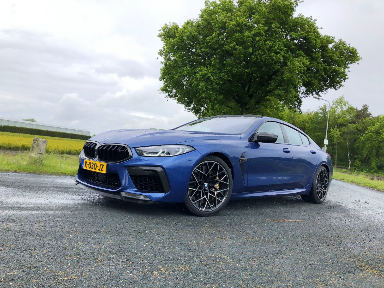 Een blauwe BMW M8 Gran Coupé Competition staat geparkeerd op een natte weg nabij een groene boom en open veld, met de voorkant naar links gericht. De omgeving is bewolkt en matig verlicht. De auto heeft een geel kenteken met 'J-000-JZ'.