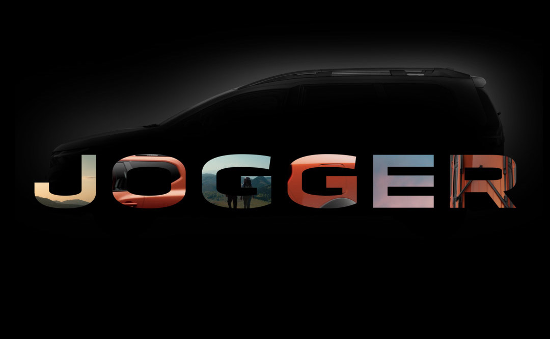 Een silhouet van een SUV met de woorden "Dacia Jogger" in vetgedrukte letters, met verschillende buitenscènes in de letters tegen een zwarte achtergrond.