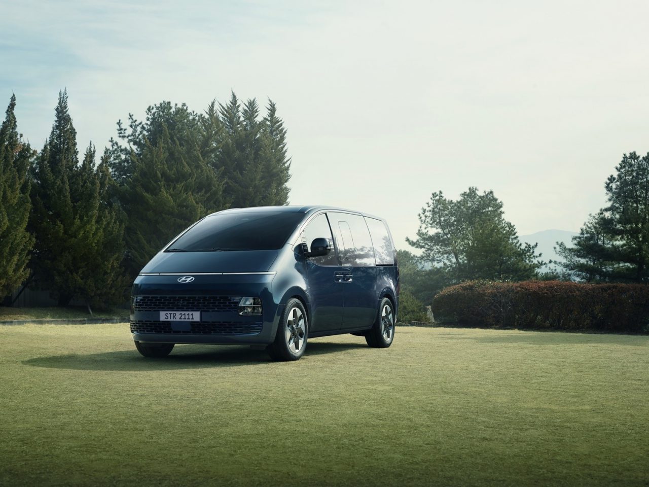 Een donkerblauwe Hyundai Staria-minibus staat geparkeerd op een grasveld met bomen en een wazige lucht op de achtergrond.