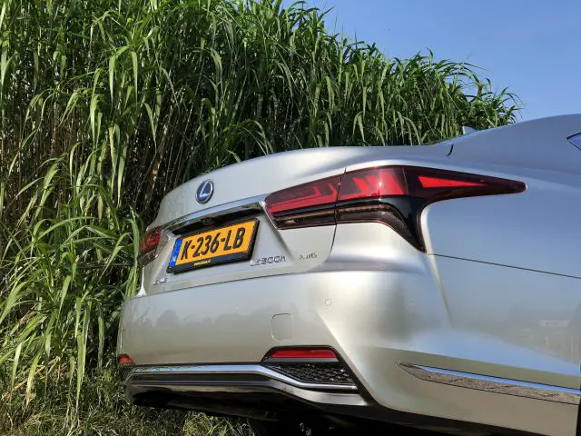 De achterkant van een zilveren Lexus LS met kenteken R-236-LB staat voor hoge groene planten onder een helderblauwe lucht.