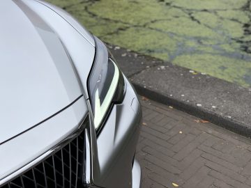 Close-up van de voorkant van een zilverkleurige Lexus LS, geparkeerd nabij een watermassa met groene algen, waarbij de koplamp en een deel van de grille benadrukt worden.