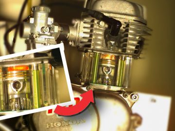 Close-upafbeelding van een Honda-motor met een uitgelichte weergave van de zuiger- en cilindercomponenten, aangegeven door een inzet en een rode pijl, waardoor de transparante verbrandingsmotor zichtbaar wordt voor een betere zichtbaarheid.