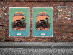 Twee identieke posters van een vintage auto-advertentie, getiteld 'Automobiles Extraordinaires', hangen op een rode bakstenen muur boven een schilderachtig geplaveid trottoir.