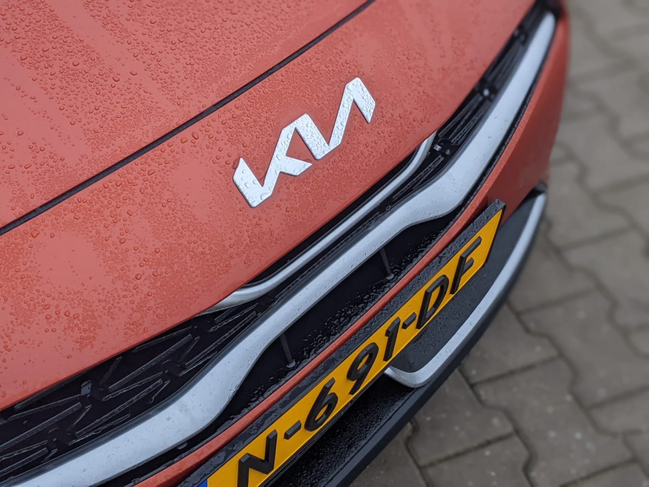 Close-up van de grille van een rode Kia Ceed met het Kia-logo en een gele kentekenplaat met de tekst "N-691-DF." Het autooppervlak bevat waterdruppels.
