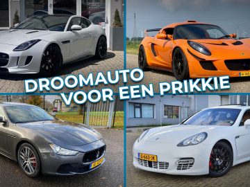 Vier luxe auto's: een witte Jaguar-sportwagen, een oranje Lotus-sportwagen, een grijze Maserati-sedan en een witte Porsche-sedan. De centrale tekst luidt: "Droomauto Voor Een Prikkie - Tweedehands Droomauto".