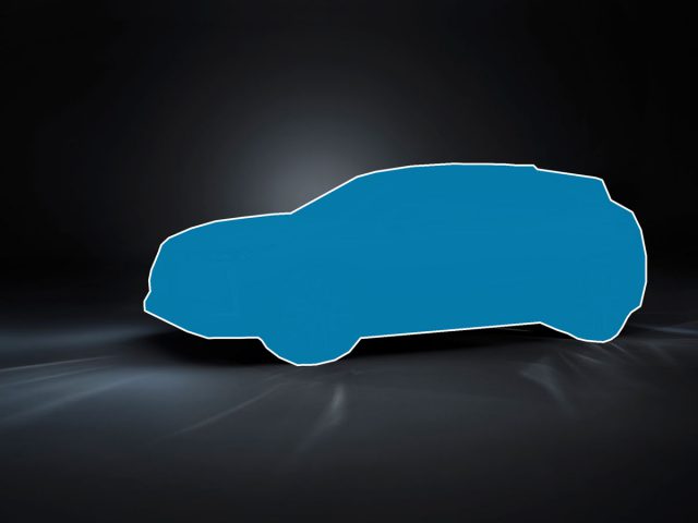 Silhouet van een DS 4-auto ingevuld met een effen blauwe kleur tegen een donkere achtergrond met kleurovergang.