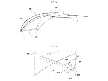 Technisch diagram van een Hyundai-voertuigonderdeel, met een gedetailleerde illustratie van een aerodynamisch spatbord (Fig. 3A) en een close-up van het bevestigingsmechanisme (Fig. 3B) met verschillende gelabelde onderdelen.