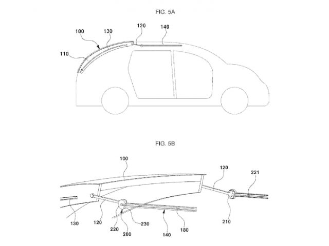 Diagram dat mechanismen in een Hyundai-voertuig illustreert: Fig. 5A toont een zijaanzicht met genummerde onderdelen; Figuur 5B geeft een gedetailleerd aanzicht van het verbindingssamenstel.