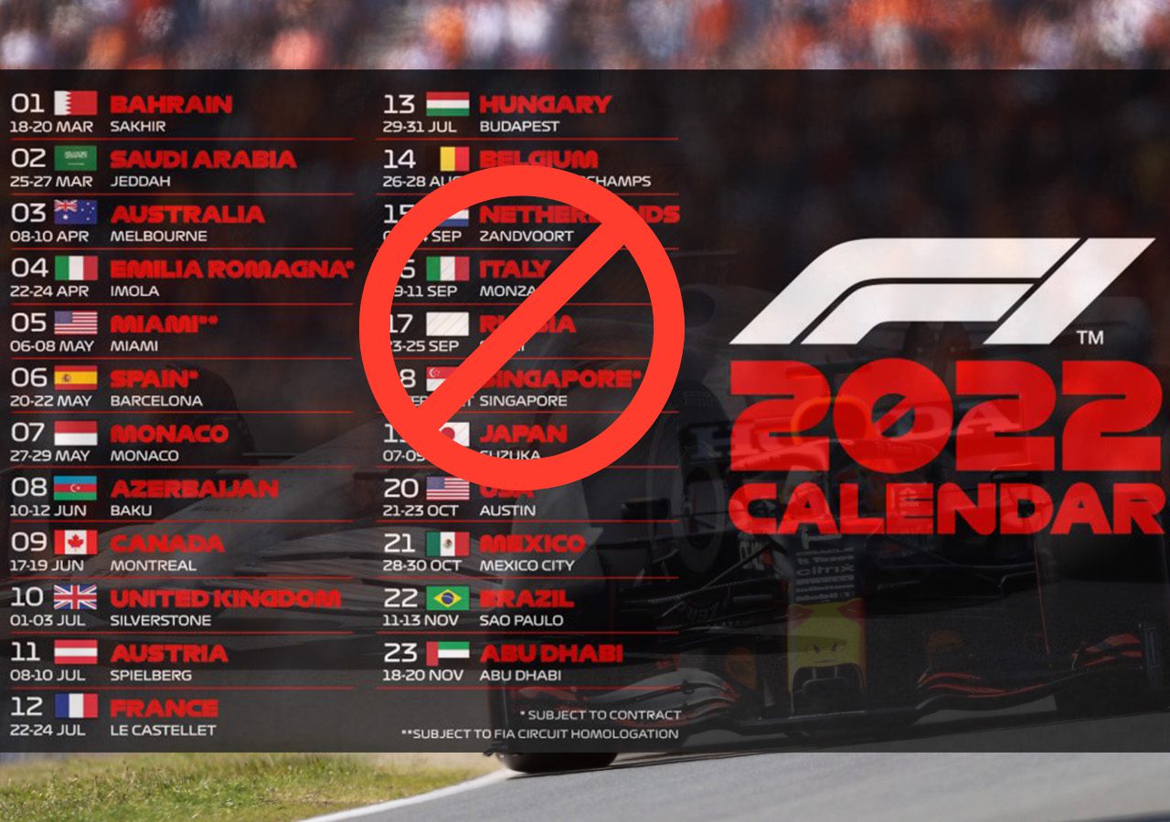 Afbeelding van de Formule 1-kalender van 2022 met racedata en -locaties, met een rood annuleringssymbool erboven. Een F1-auto is wazig op de achtergrond, wat de afwezigheid van Formule 1 Rusland benadrukt.