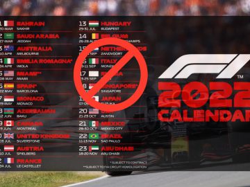 Afbeelding van de Formule 1-kalender van 2022 met racedata en -locaties, met een rood annuleringssymbool erboven. Een F1-auto is wazig op de achtergrond, wat de afwezigheid van Formule 1 Rusland benadrukt.