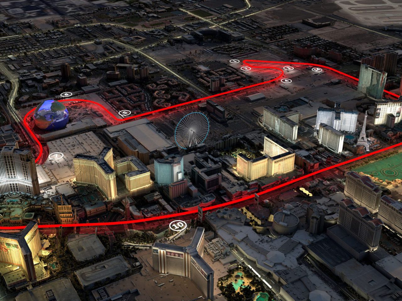 Een nachtelijke luchtfoto van een stad met verlichte gebouwen. Een rode lijn op de afbeelding schetst een parcours dat door de straten van de stad slingert en lijkt op de GP Las Vegas-route, met genummerde punten die locaties onderweg markeren.