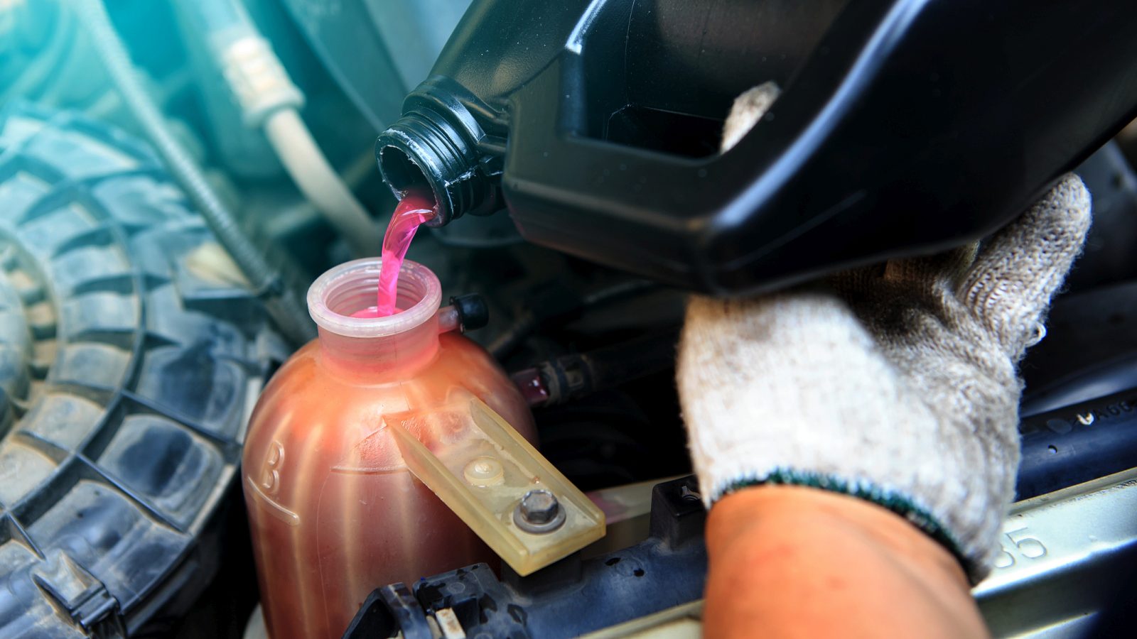 Een persoon die handschoenen draagt, giet voorzichtig roze motorkoelvloeistof, ervoor zorgend dat er geen olie in de koelvloeistof zit, vanuit een zwarte container in het koelvloeistofreservoir van de motor van een voertuig.