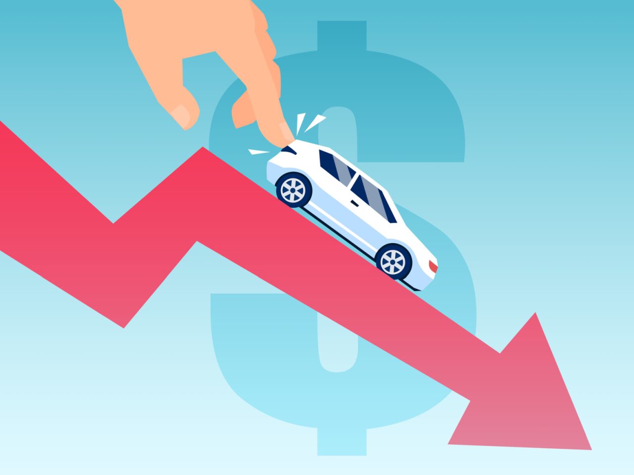 Een hand duwt een auto langs een dalende rode pijl naar beneden, die de afschrijving auto symboliseert, tegen de achtergrond van een dollarteken.