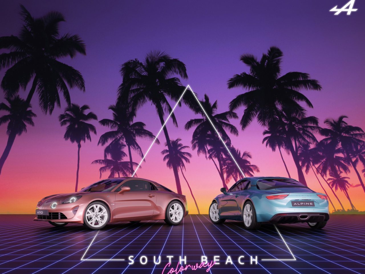 Twee Alpine sportwagens glanzen op een neonraster met een prachtige zonsondergang en palmbomen op de achtergrond. De tekst luidt onderaan "South Beach Colorways", met het Alpine-logo trots weergegeven in de rechterbovenhoek.