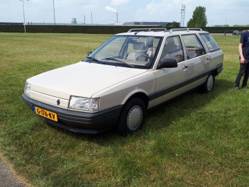 Op het gras staat een beige stationwagen, trots voorzien van een sticker van Elk Merk waardig, met een geel kenteken geparkeerd. Een gedeeltelijk zichtbare persoon staat vlakbij en voegt een vleugje mysterie toe aan het serene tafereel.