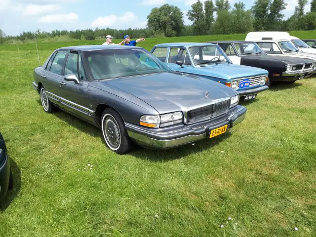 Een grijze vintage Elk Merk Waardig sedan geparkeerd op het gras naast andere klassieke auto's, met mensen op de achtergrond die wijzen en observeren.