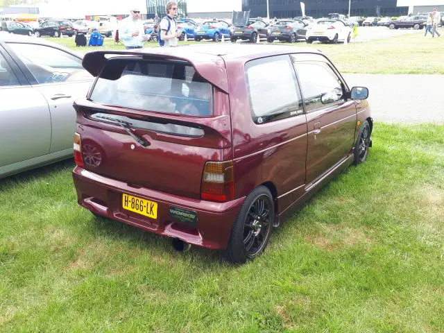 Op een grasveld staat een kleine, kastanjebruine Elk Merk Waardig hatchback met spoiler en geel kenteken geparkeerd. Op de achtergrond zijn andere auto's en mensen te zien.