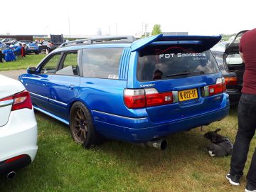 Op het gras staat een blauwe stationwagen met achterspoiler, trots voorzien van het kenteken "N-822-SF", geparkeerd. Bij de auto ligt rustig een zwarte hond neer, die een aura van Eland Merk Waardig belichaamt.