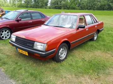 Een rode klassieke vierdeurs sedan, geparkeerd op gras, met een kentekenplaat met de tekst 'HF-89-ZF', straalt een elandwaardige charme uit. Een andere auto is gedeeltelijk zichtbaar op de achtergrond.