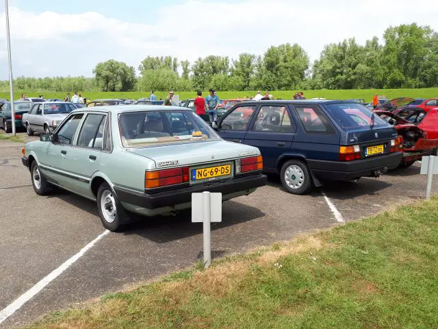 Twee geparkeerde auto's, een lichtgroene sedan met Nederlands kenteken NG-69-DS en een donkerblauwe stationwagen met Nederlands kenteken FT-86-ZG, op een parkeerplaats op een zonnige dag. In de verte worden mensen gezien, waardoor elk voertuig een eik merkwaardig wordt.