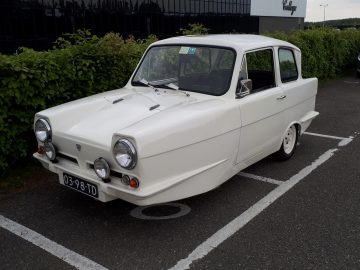 Een kleine, witte vintage driewielige auto, bij uitstek Elk Merk Waardig, staat geparkeerd op een perceel naast het groen. Hij heeft een kentekenplaat met de tekst "03-98-TD" en heeft een compact, vierkant ontwerp met ronde koplampen.