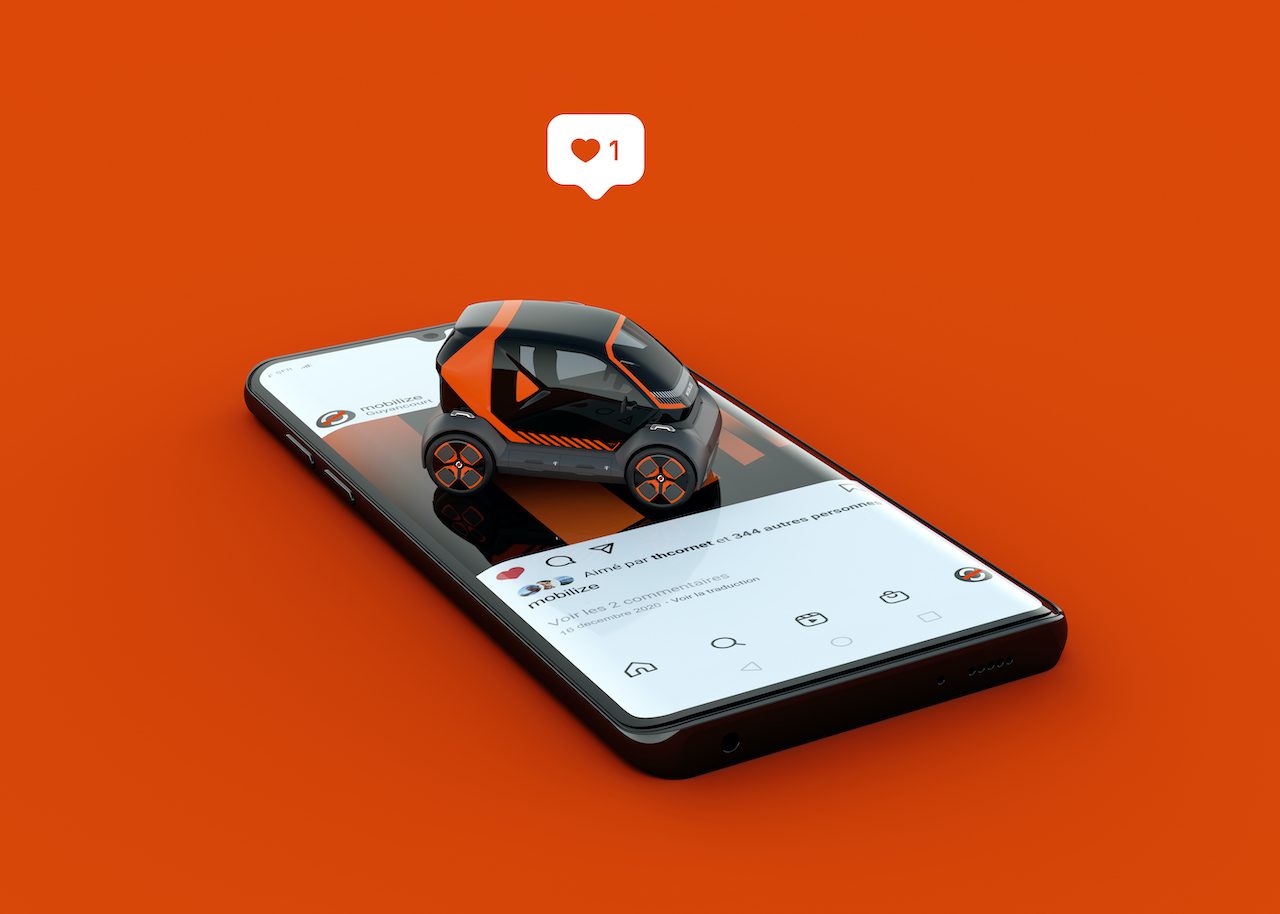 Een miniatuurmodelauto met oranje en zwarte kleuren wordt op een smartphone geplaatst met daarop een sociale media-app. Het mobiliseren van de aandacht, een meldingsballon met een hartpictogram en de nummer één zweeft erboven.
