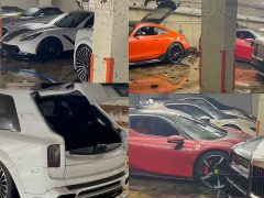 Een collage van overstroomde luxe supercars in een ondergrondse garage, met een witte SUV met open kofferbak, rood-witte sportwagens en nog een witte auto.