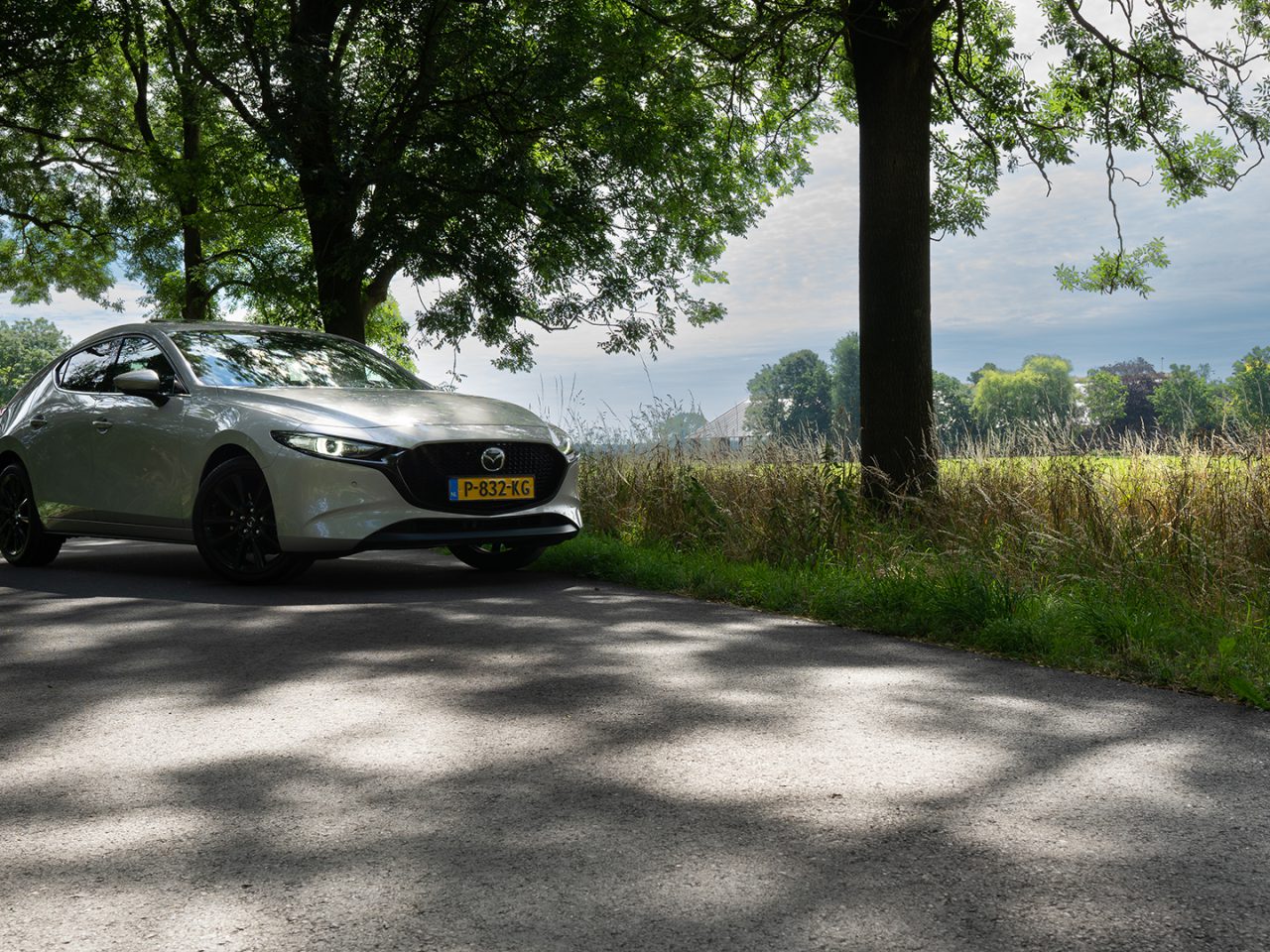 Op een zonnige dag staat een zilverkleurige Mazda 3 geparkeerd op een smalle, met bomen omzoomde weg. De weg wordt overschaduwd door de bomen en op de achtergrond is een grasveld zichtbaar.