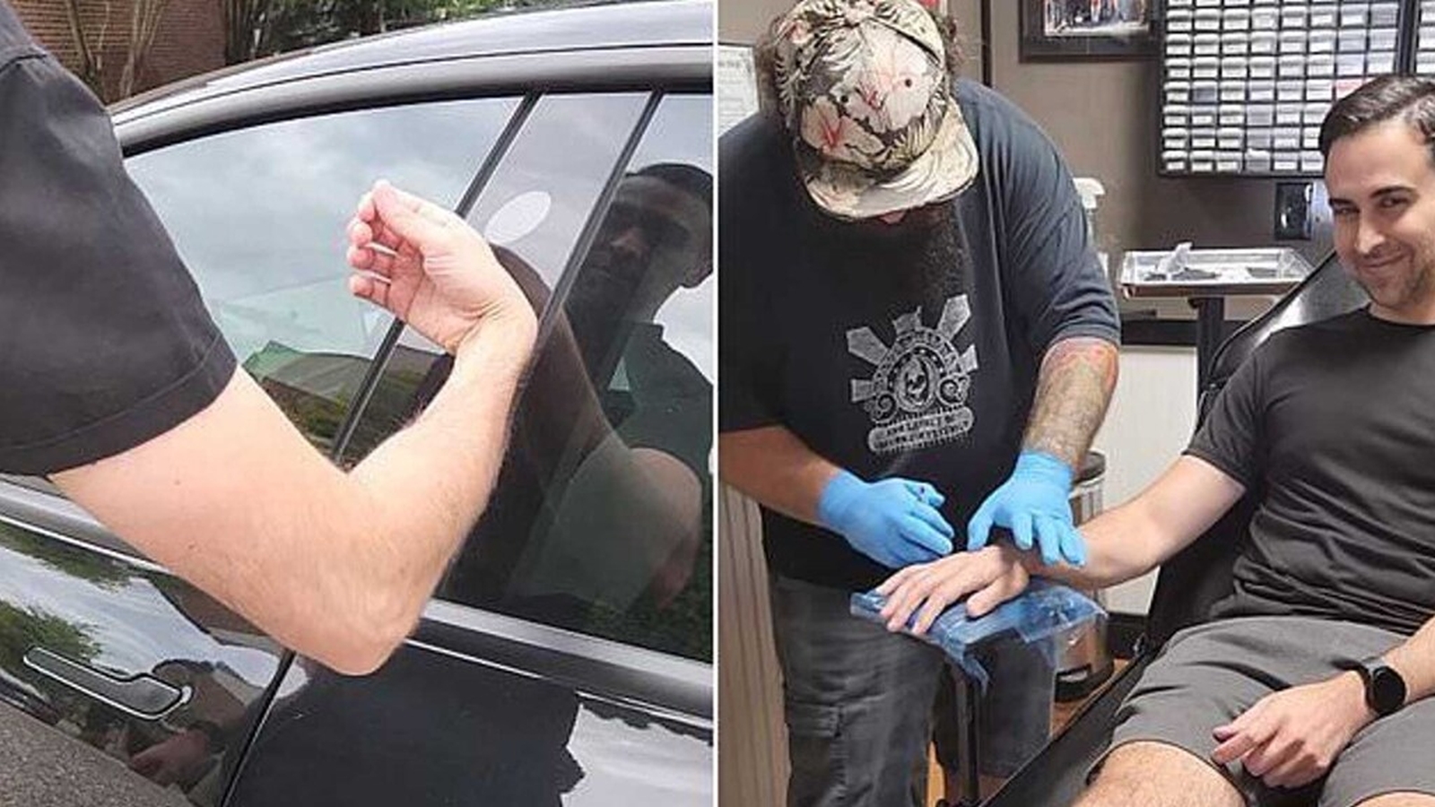 Iemand gebruikt een chipimplantaat om links een Tesla te ontgrendelen, en laat de chip rechts implanteren door een professional, zittend in een stoel terwijl zijn hand wordt behandeld.