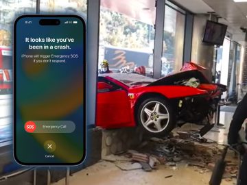 Een rode sportwagen is tegen het interieur van een gebouw gebotst. Op het scherm verschijnt een crashdetectie-melding van de iPhone 14 met de mededeling: "Het lijkt erop dat je een crash hebt gehad." Hulpdiensten zijn aanwezig.