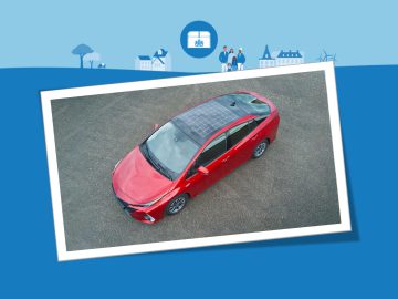 Op een asfaltweg staat een rode auto geparkeerd, mogelijk een elektrische auto oplader met zonnepanelen. De afbeelding is ingelijst tegen een blauwe achtergrond met kleine iconen van gebouwen en mensen.