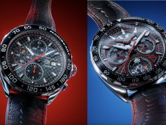 Afbeelding naast elkaar van twee luxe TAG Heuer Mario Kart-horloges met gedetailleerde randen en wijzerplaten, tegen contrasterende rode en blauwe achtergronden.
